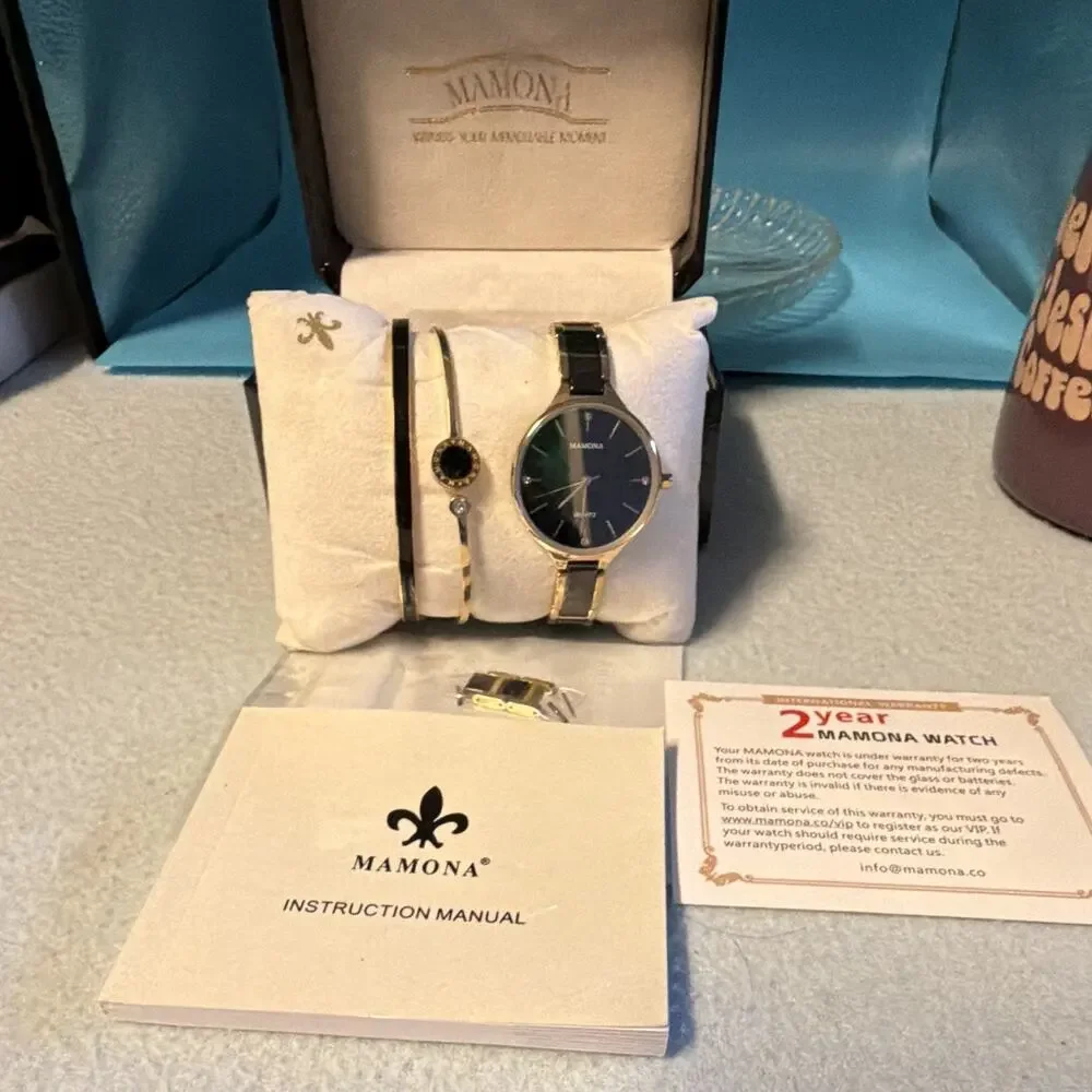 MAMONA Women's Quartz Watch Blue & Black/Gold Bracelet Box Papers Needs Battery